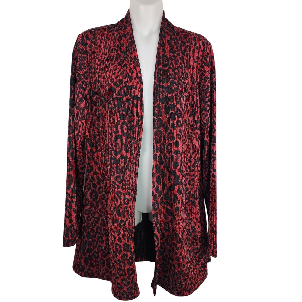 Susan Graver Womens Leopard Print Novelty Knit Cardigan Medium Red Open Pockets